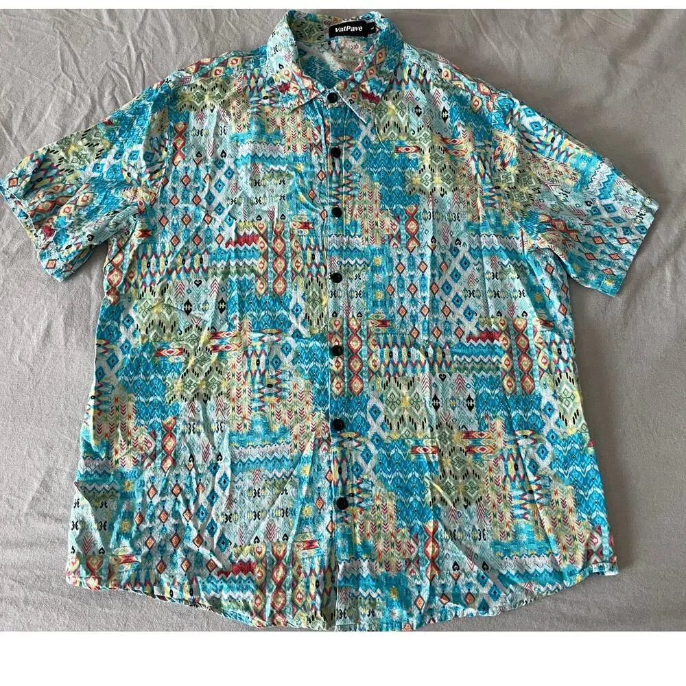 Vat Pave Abstract print Button Up Short Sleeve Top SZ L Cotton Blend - Picture 1 of 9